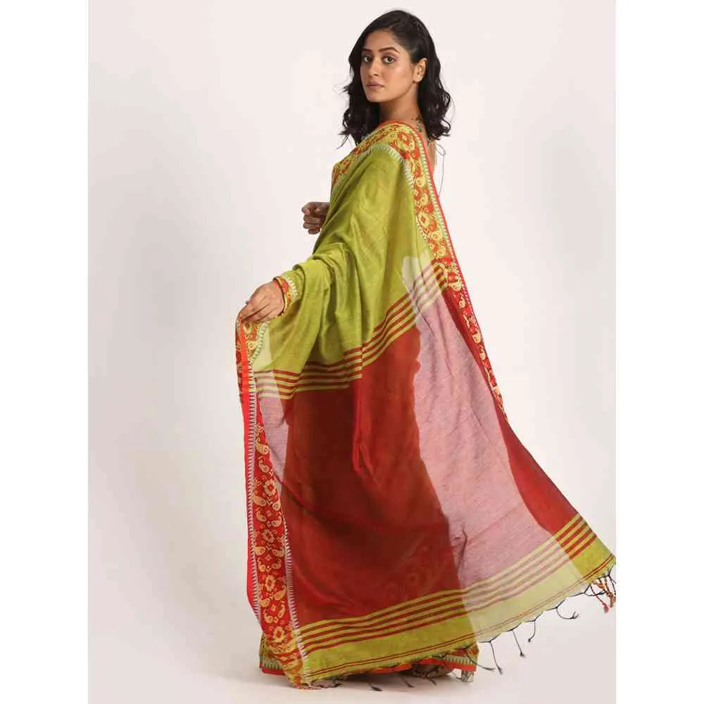 Angoshobha Green Handloom Cotton Tangail Saree with Unstitched Blouse