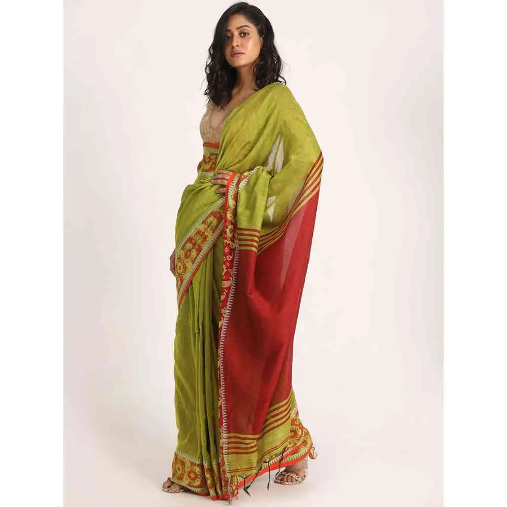 Angoshobha Green Handloom Cotton Tangail Saree with Unstitched Blouse