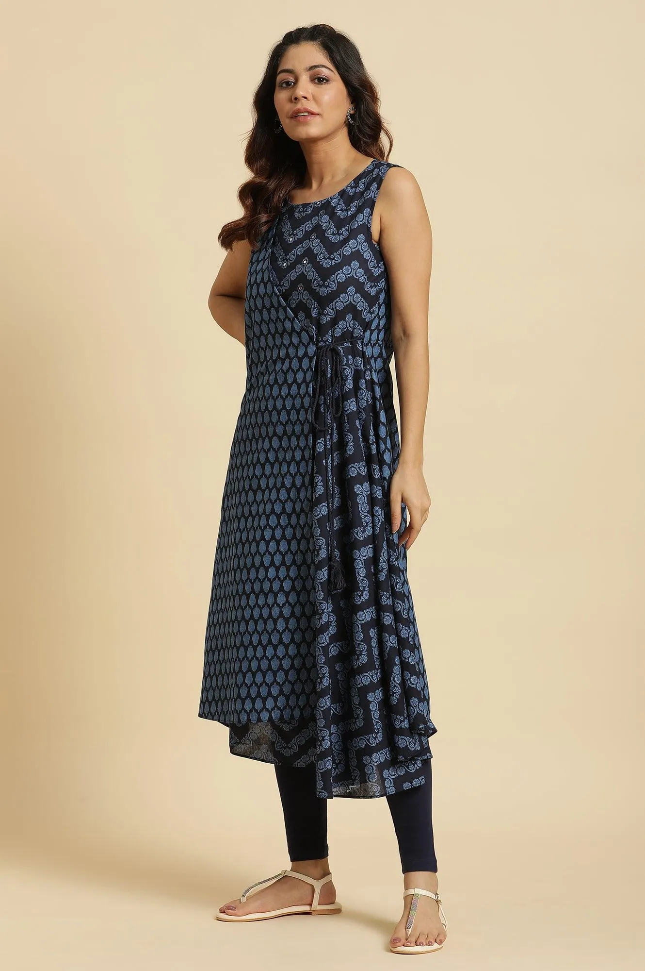 Blue Mock Wrap Print Mix Kurta