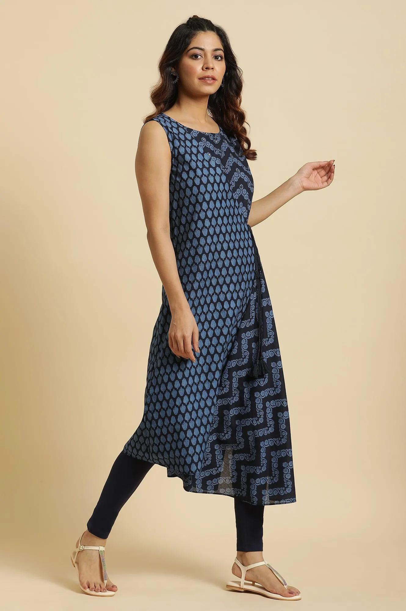 Blue Mock Wrap Print Mix Kurta