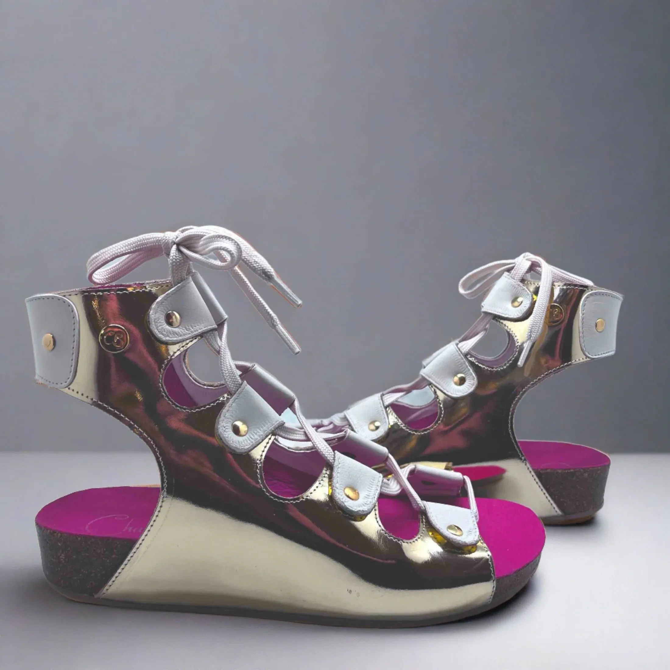 Chanii B "Je Savior" Platinum gold  lace cork sandal