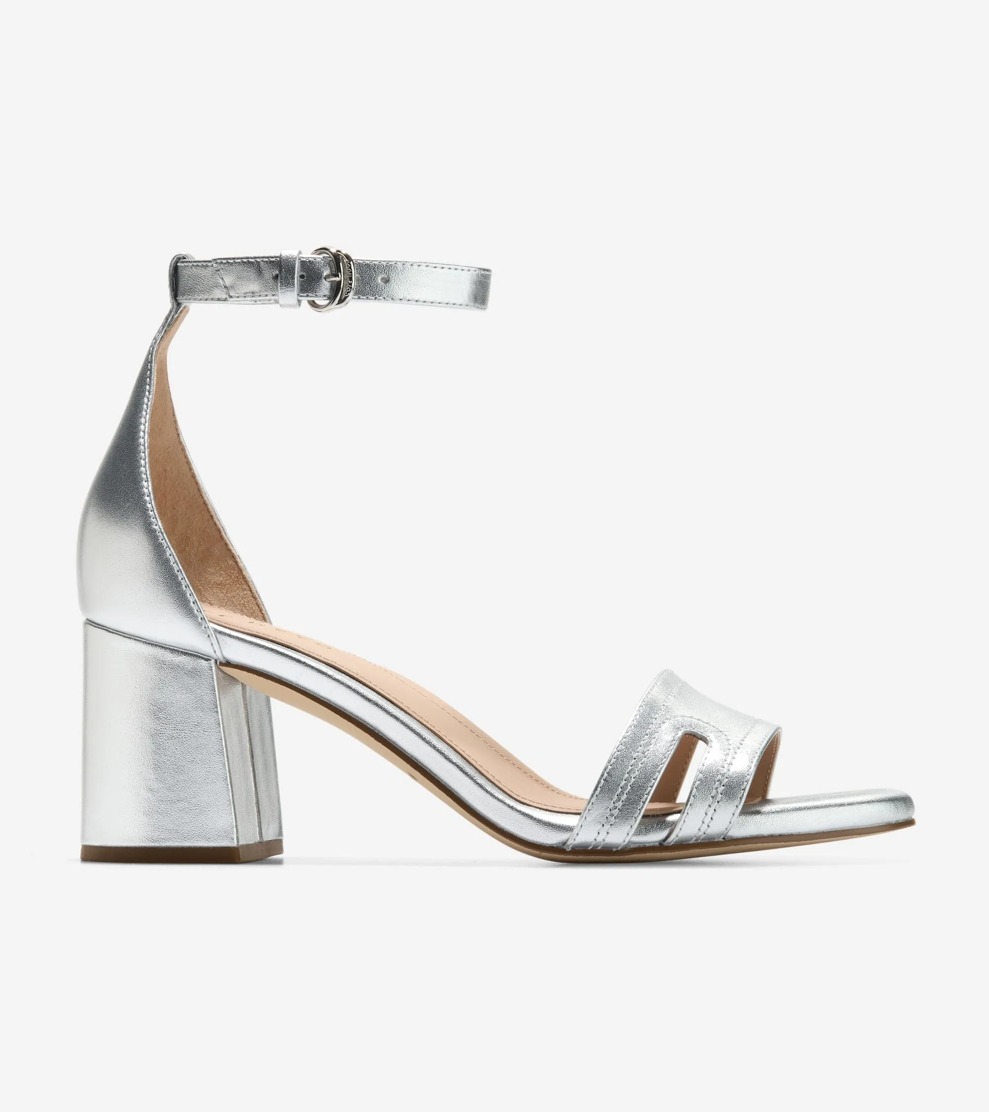 Cole Haan Adelaine Silver Leather Ankle Strap Open Toe Block Heeled Sandals