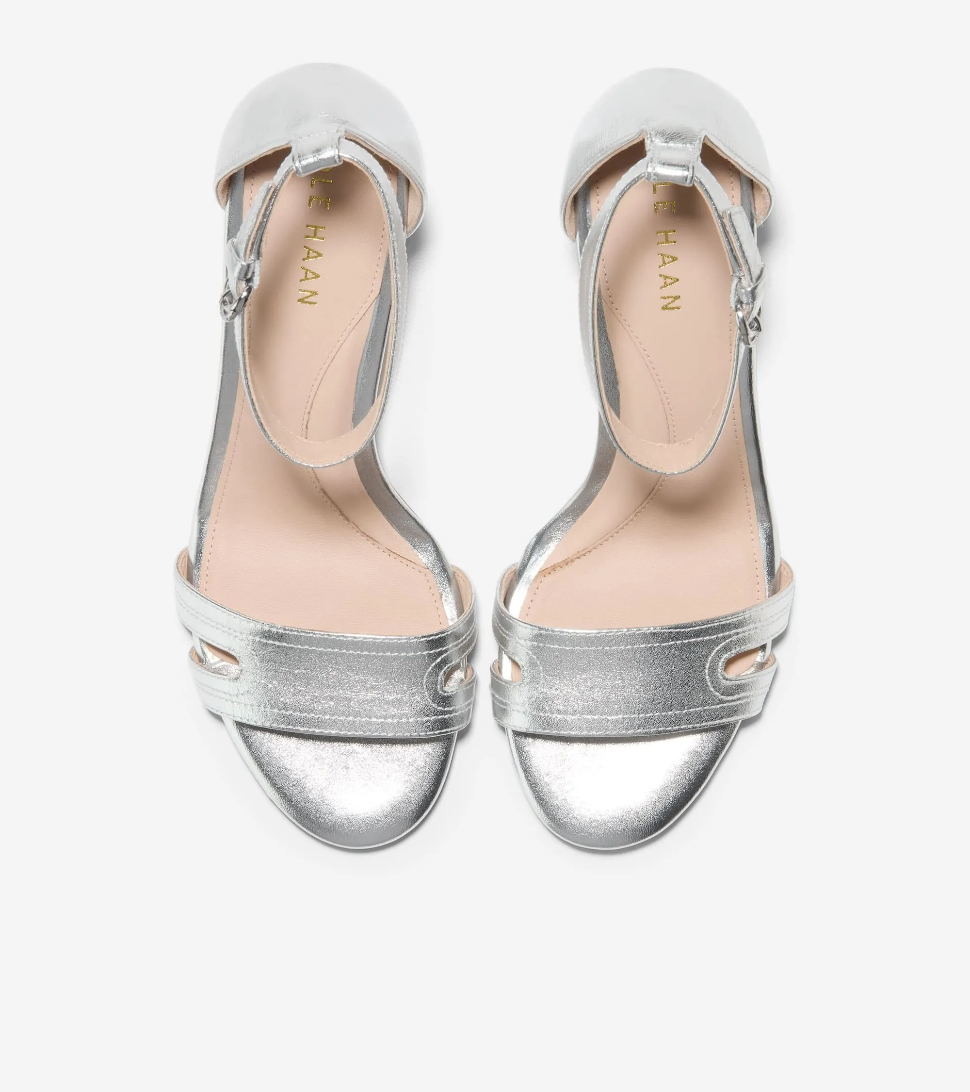 Cole Haan Adelaine Silver Leather Ankle Strap Open Toe Block Heeled Sandals