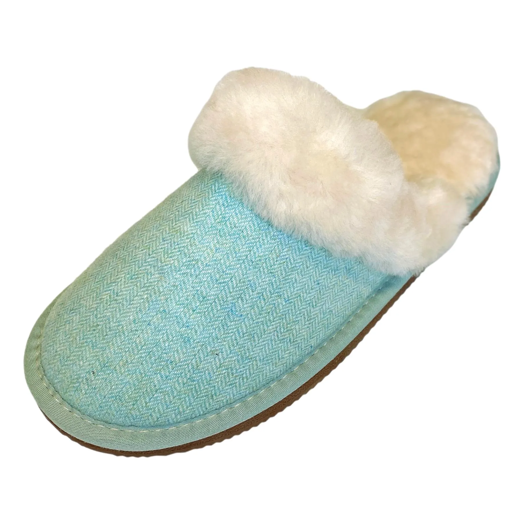 Deluxe Ladies 'Daisy' Sheepskin Slipper Mule - Herringbone Aqua