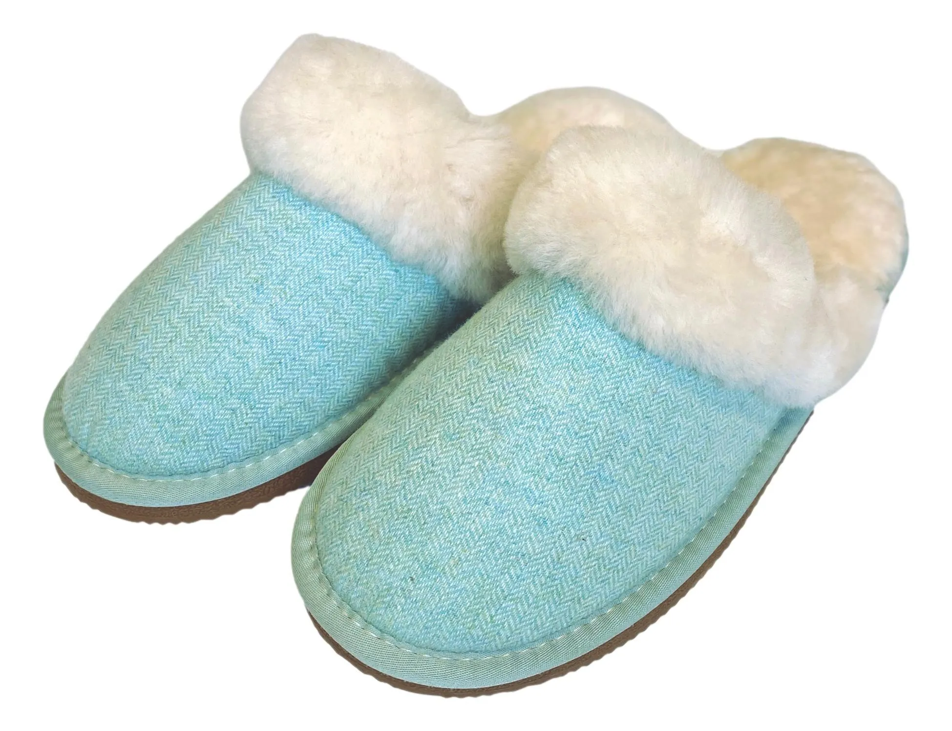 Deluxe Ladies 'Daisy' Sheepskin Slipper Mule - Herringbone Aqua