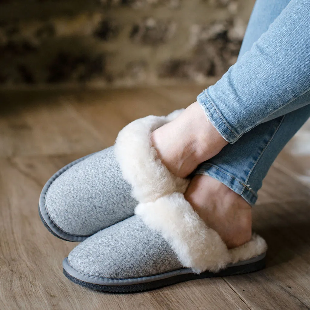 Deluxe Ladies 'Daisy' Sheepskin Slipper Mule - Herringbone Grey