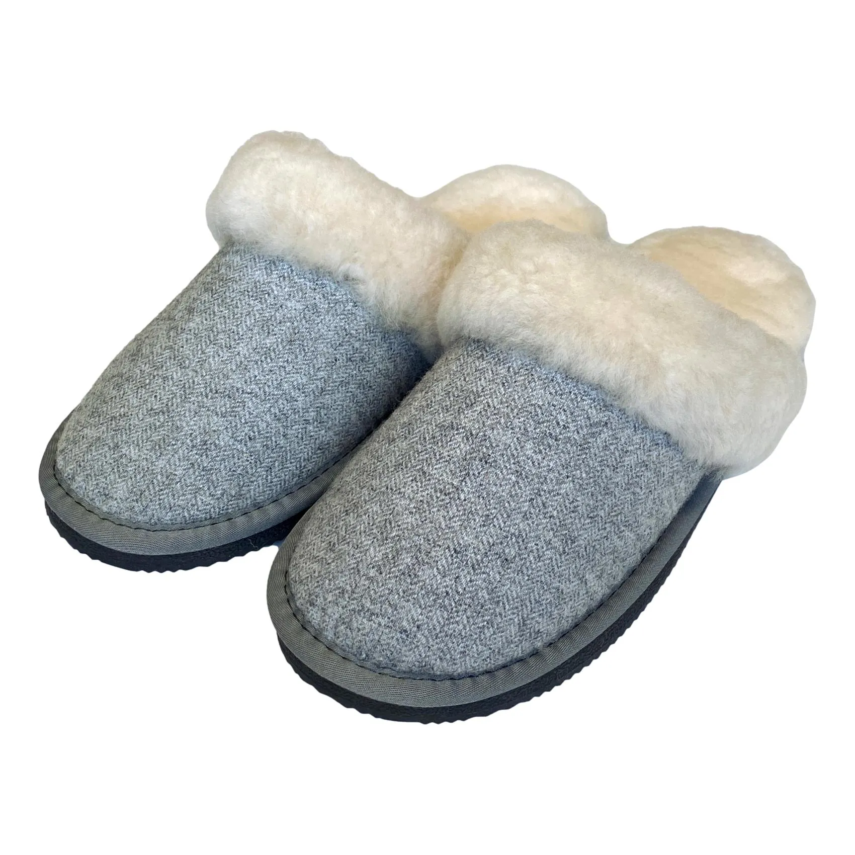 Deluxe Ladies 'Daisy' Sheepskin Slipper Mule - Herringbone Grey