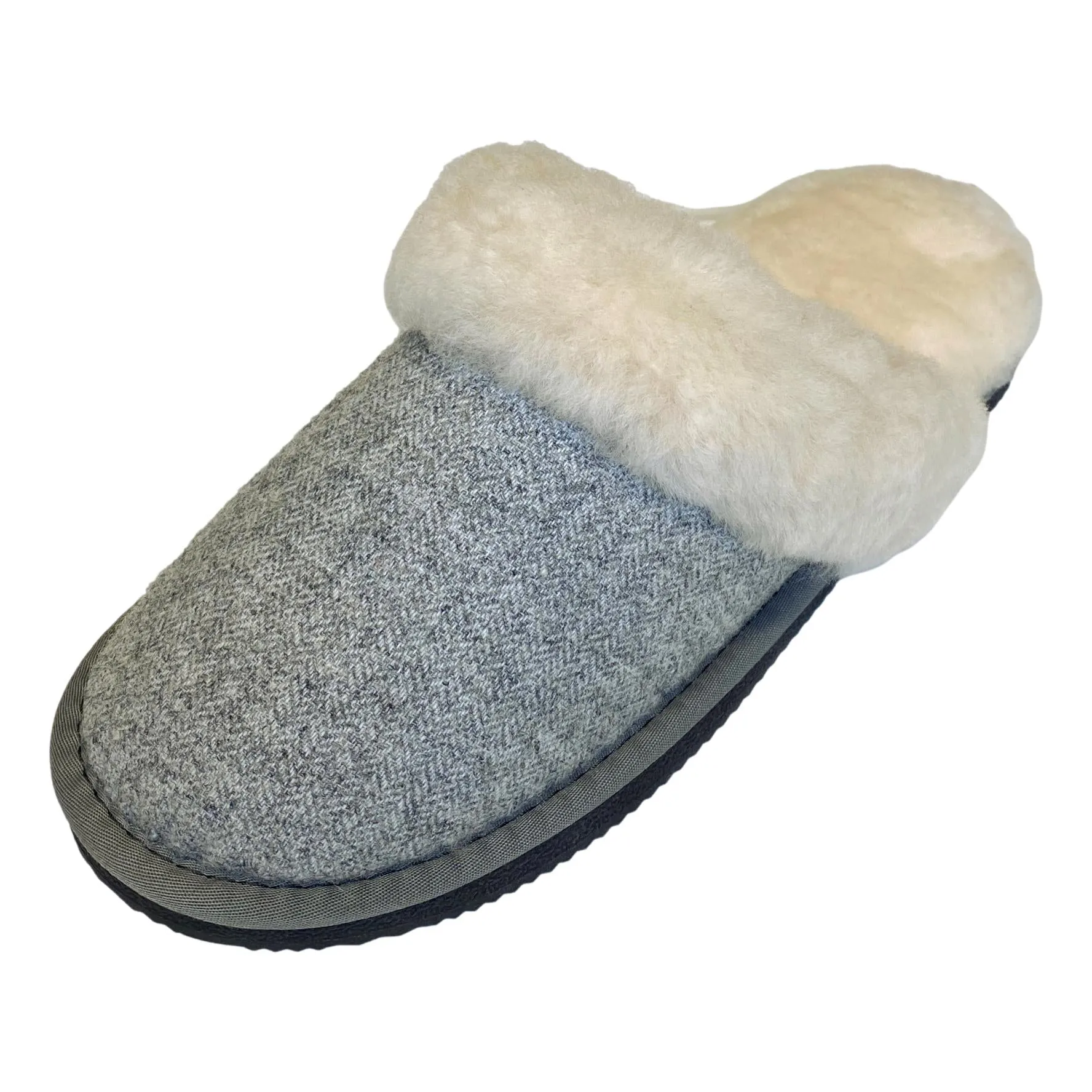 Deluxe Ladies 'Daisy' Sheepskin Slipper Mule - Herringbone Grey
