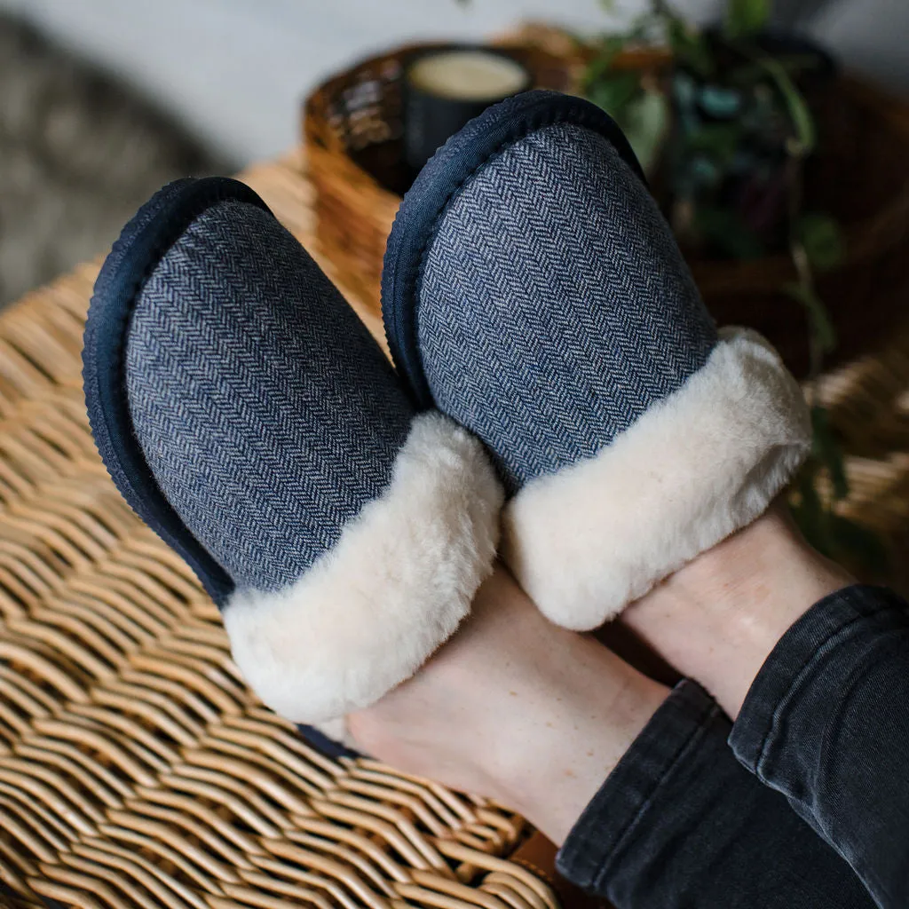 Deluxe Ladies 'Daisy' Sheepskin Slipper Mule - Herringbone Navy