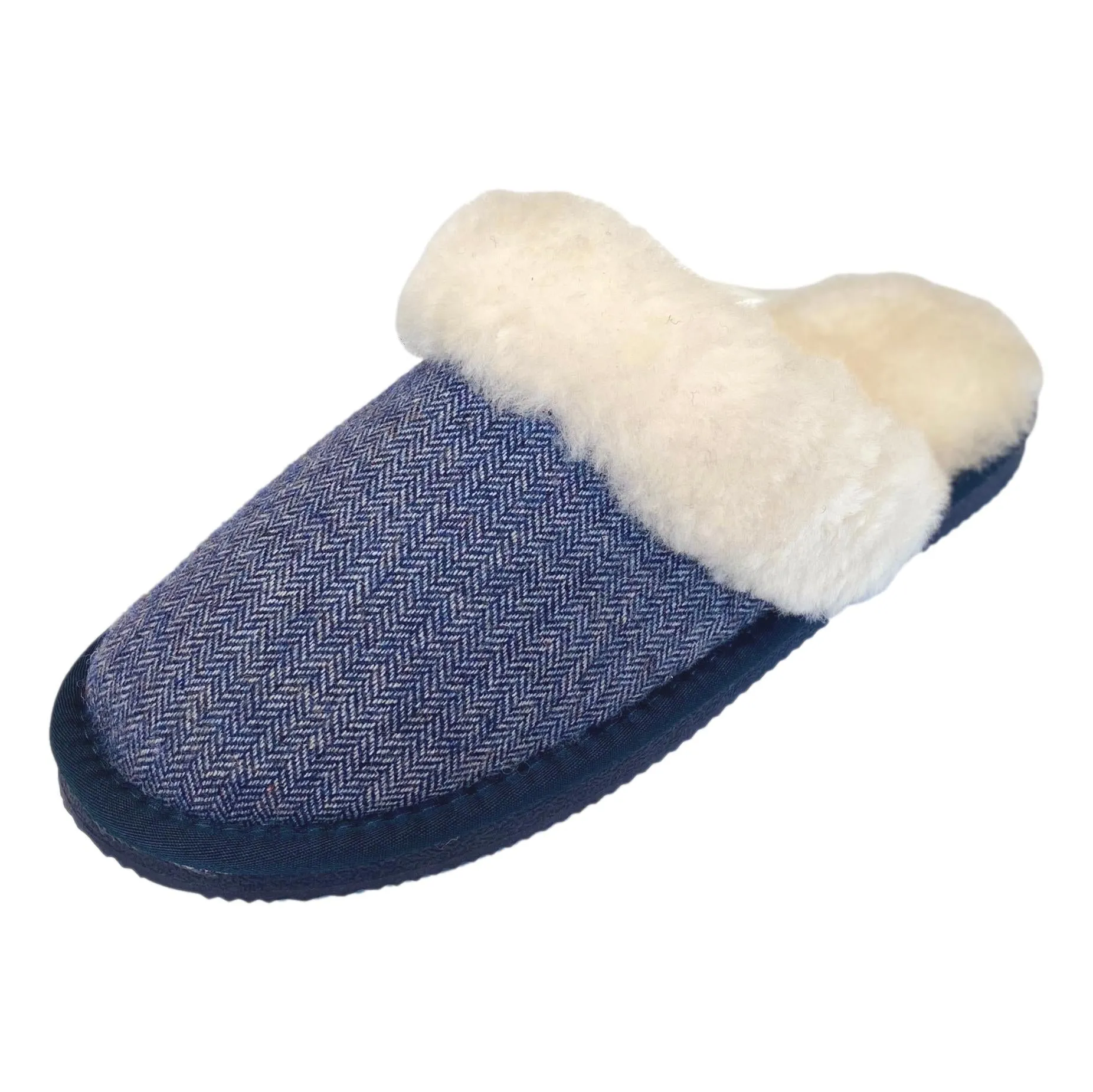 Deluxe Ladies 'Daisy' Sheepskin Slipper Mule - Herringbone Navy