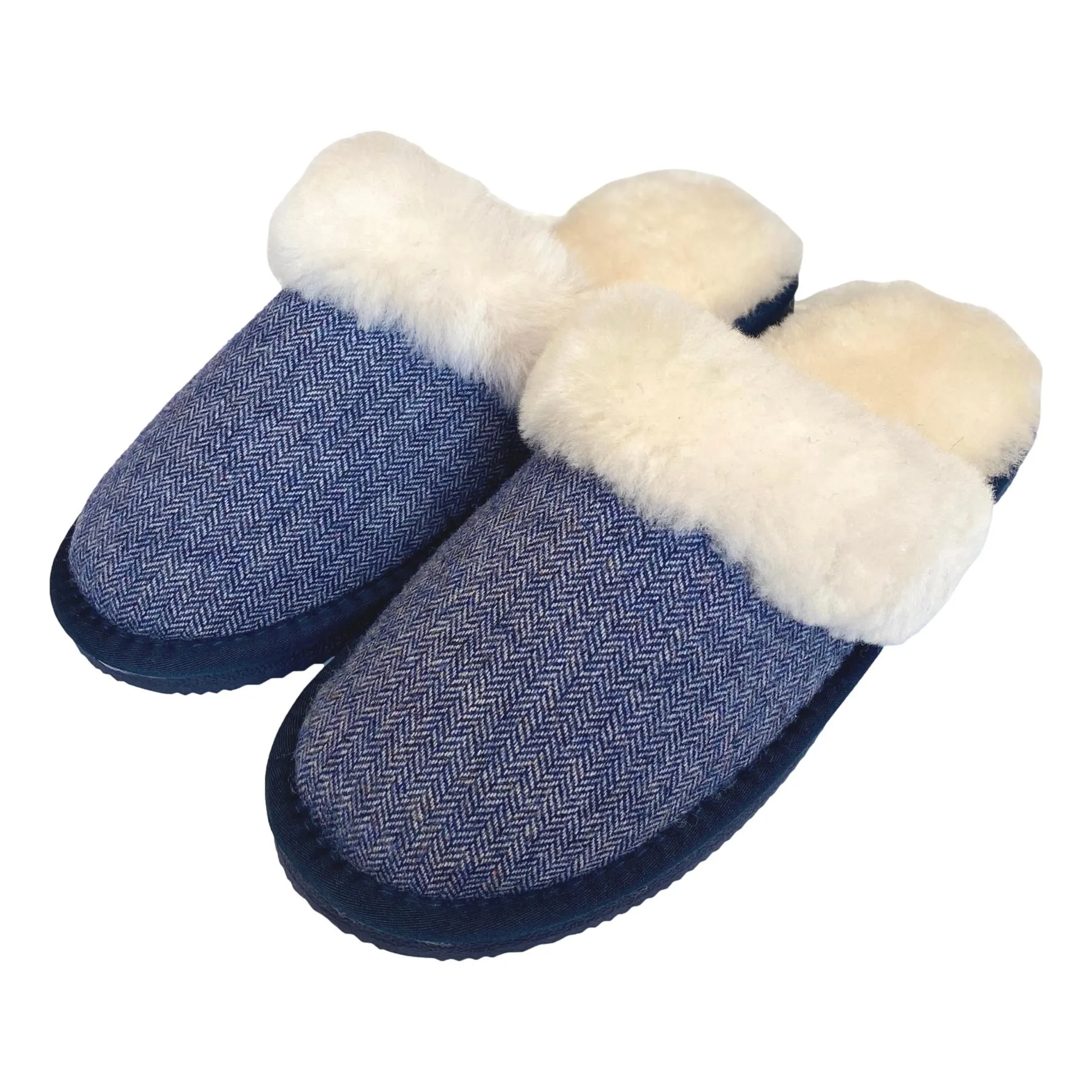 Deluxe Ladies 'Daisy' Sheepskin Slipper Mule - Herringbone Navy