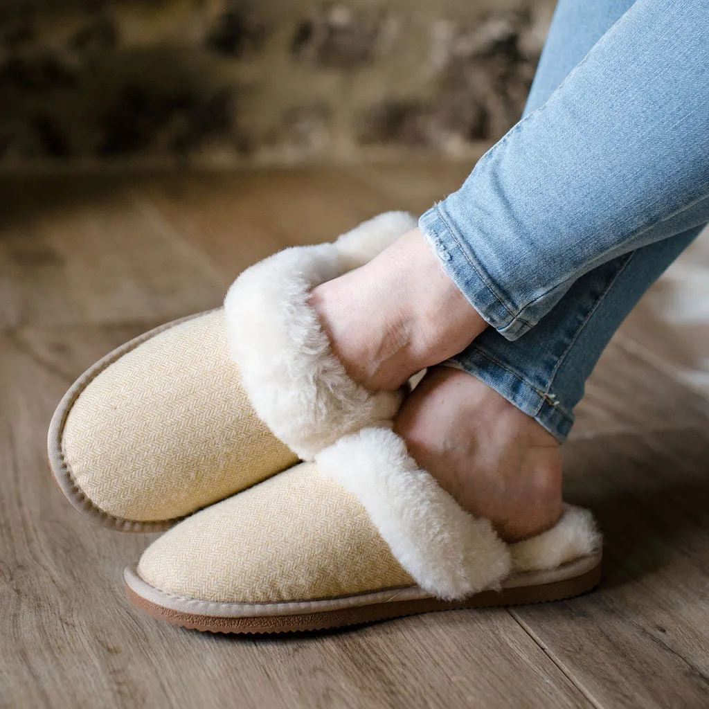 Deluxe Ladies 'Daisy' Sheepskin Slipper Mule - Herringbone Yellow