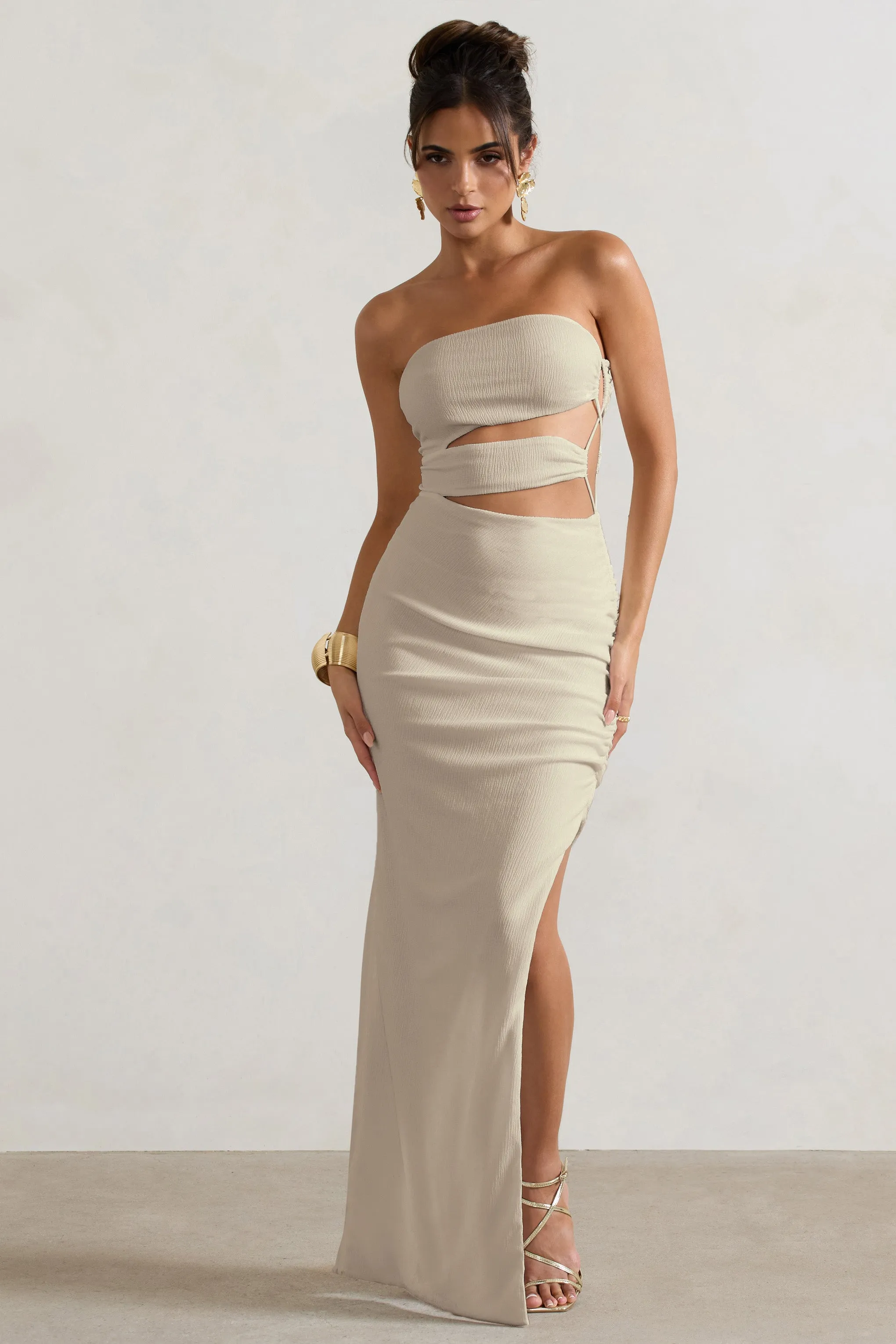 Dominica | Ecru Textured Bandeau Cut-Out Split Maxi Dress