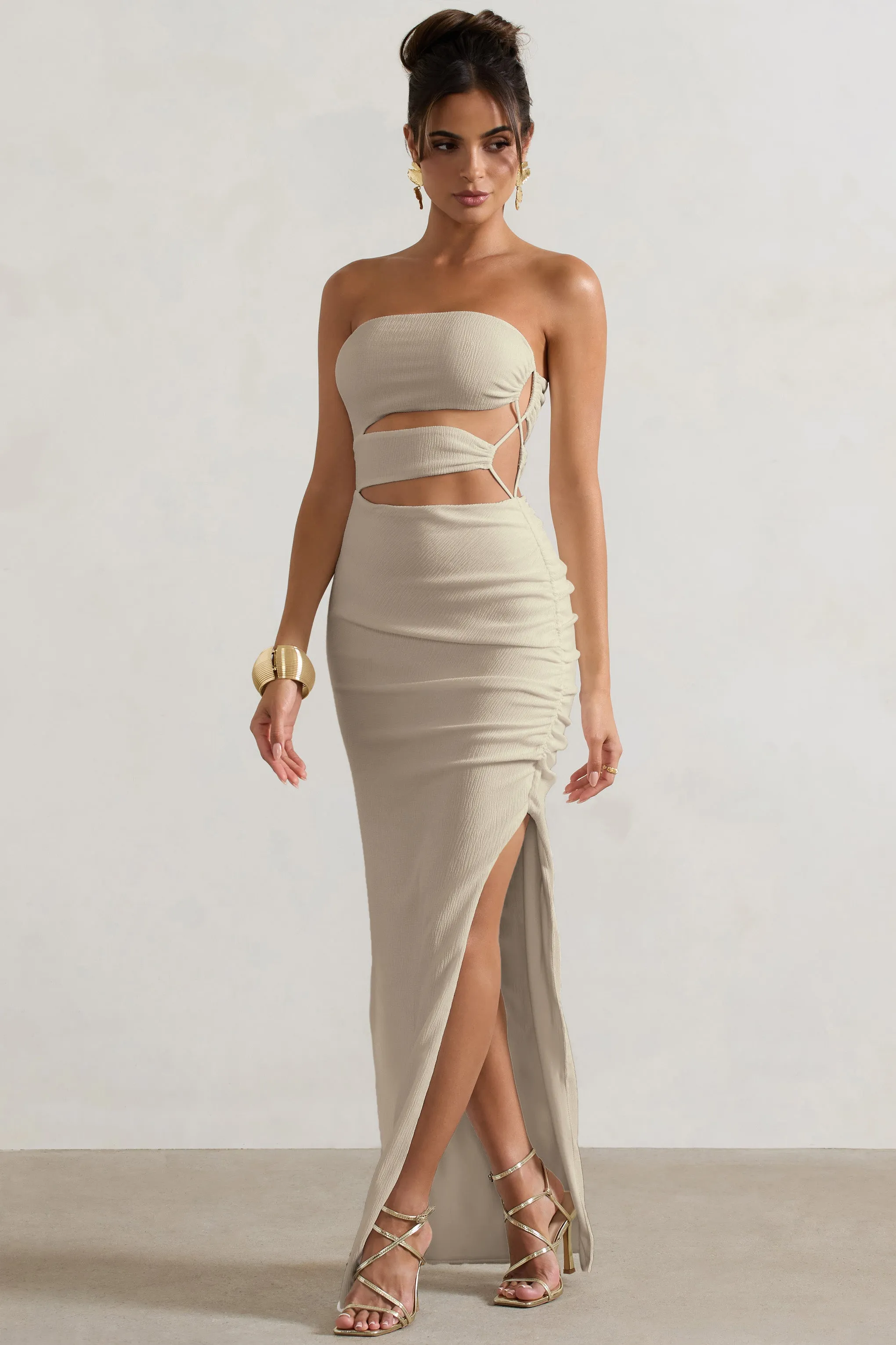 Dominica | Ecru Textured Bandeau Cut-Out Split Maxi Dress