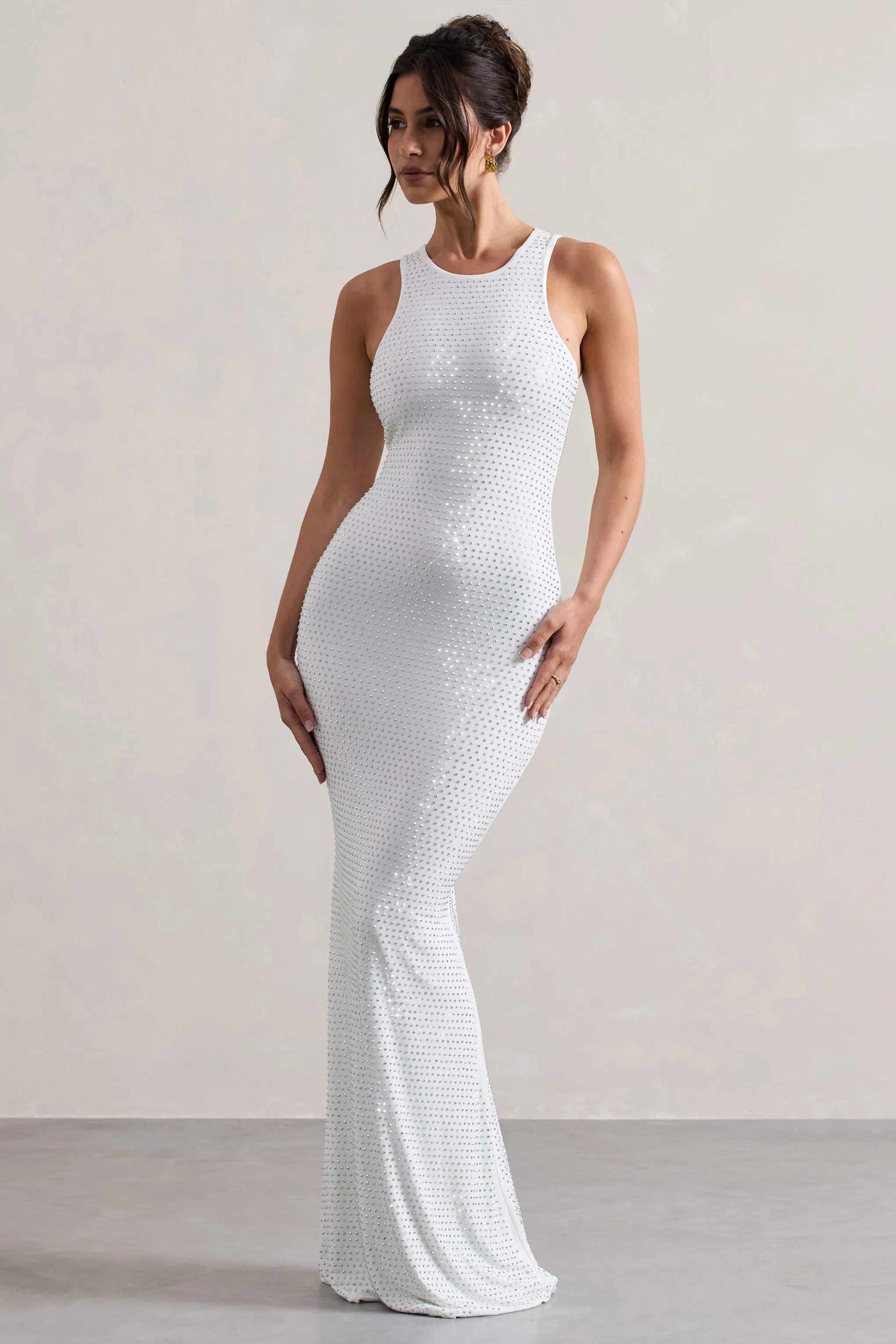 Escala | White Embellished Racer-Neck Maxi Dress