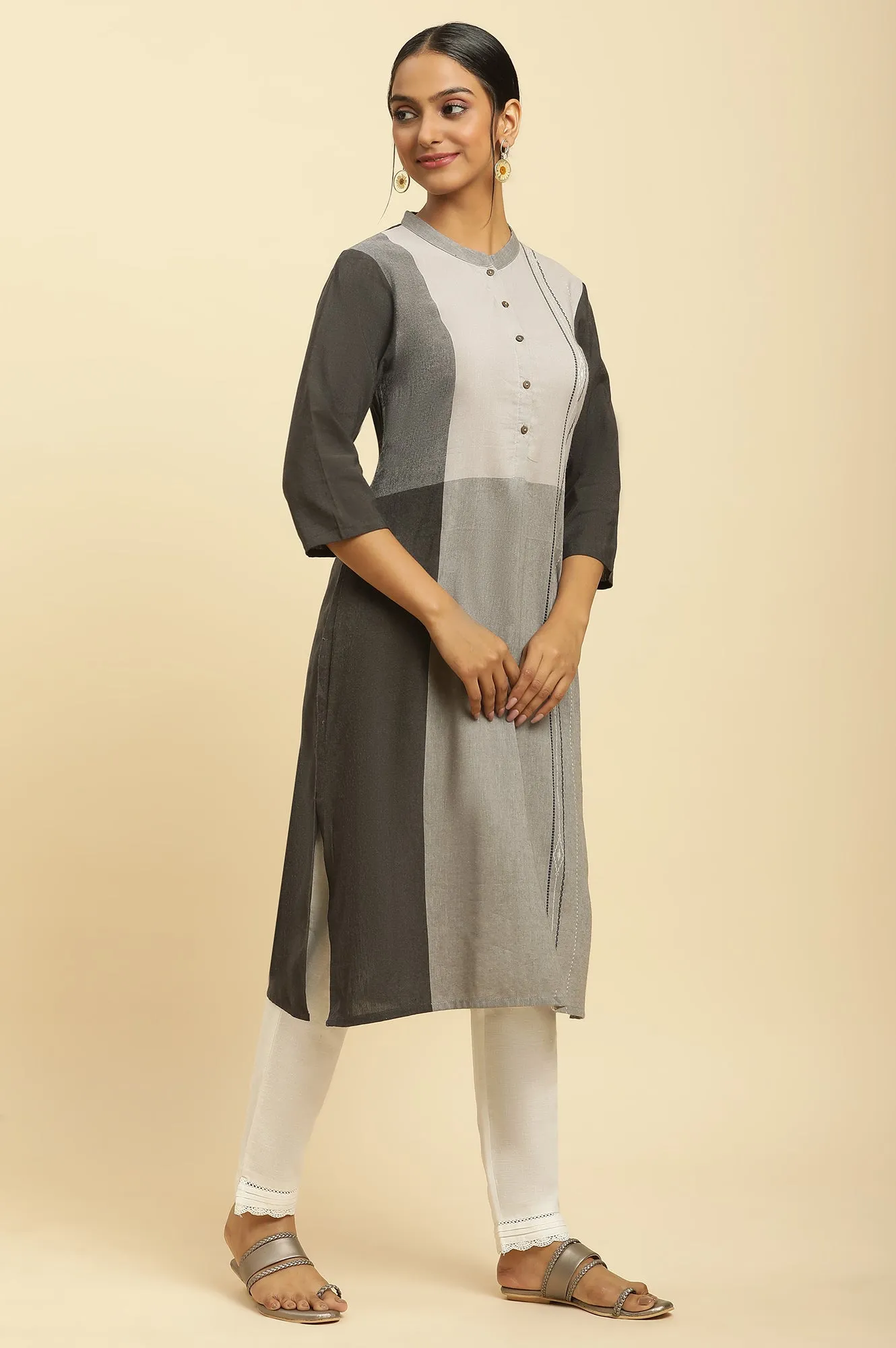 Grey Printed Button Down Kurta