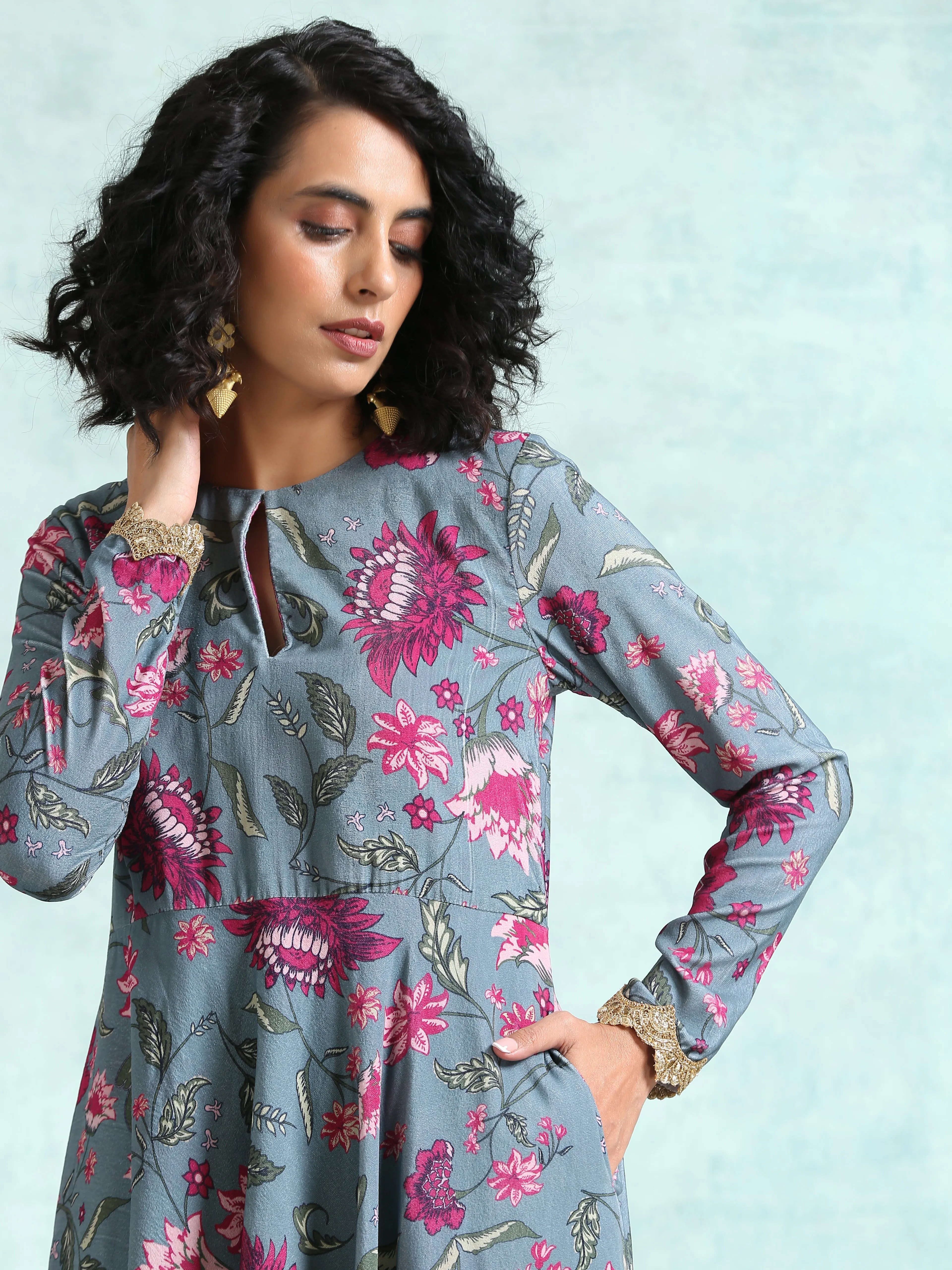 Grey Printed Velvet Anarkali Kurta