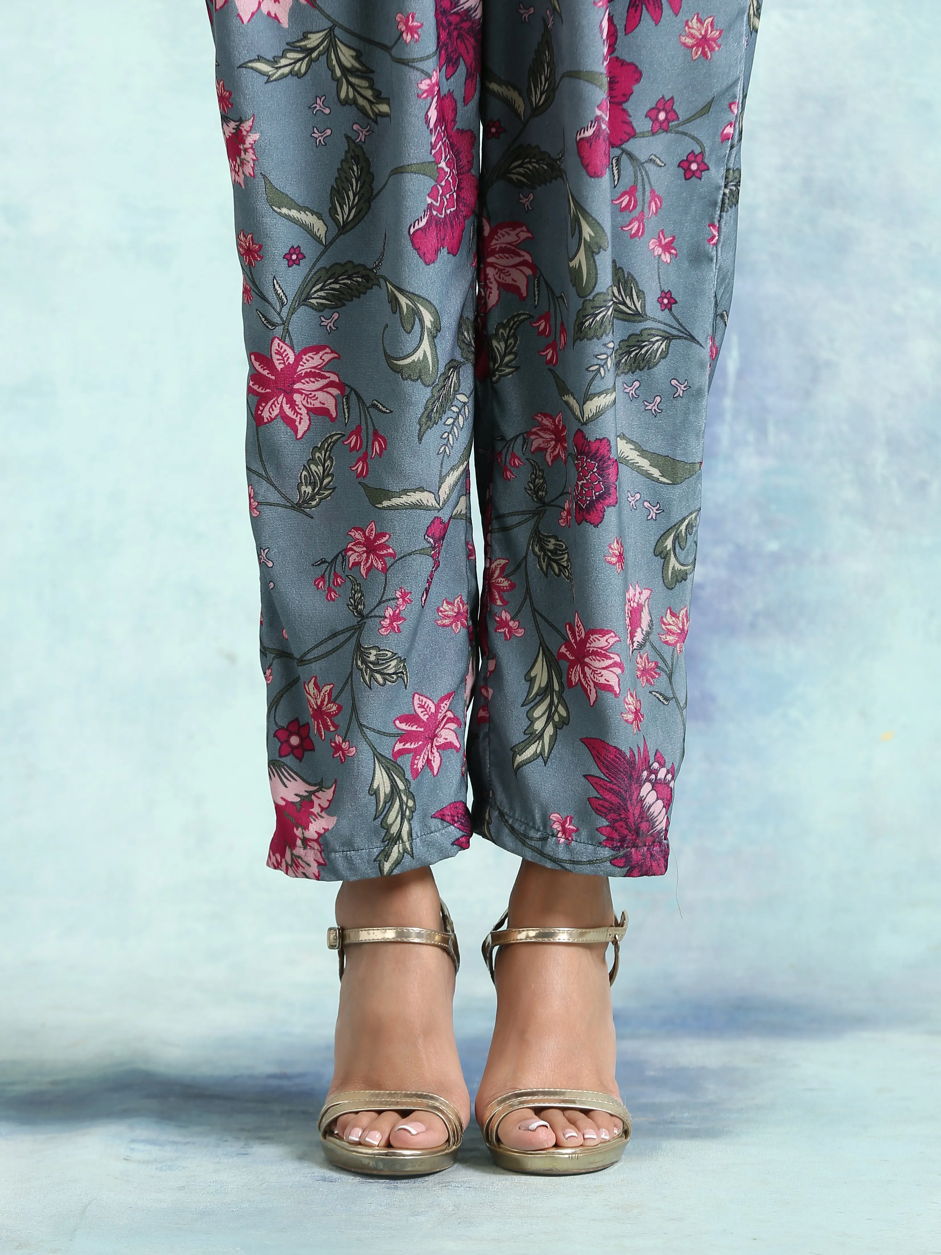 Grey Printed Velvet Co-Ord Set
