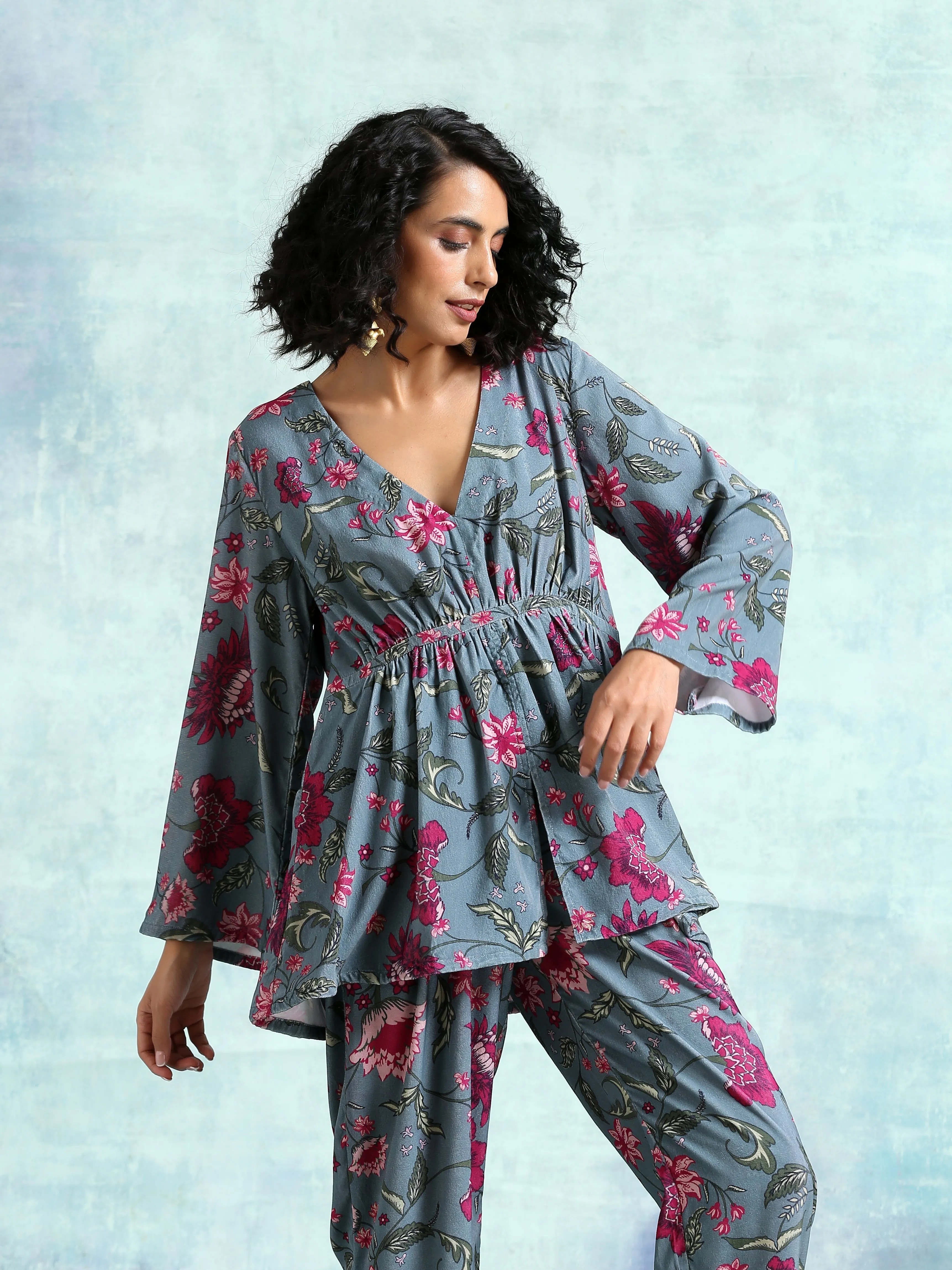 Grey Printed Velvet Co-Ord Set