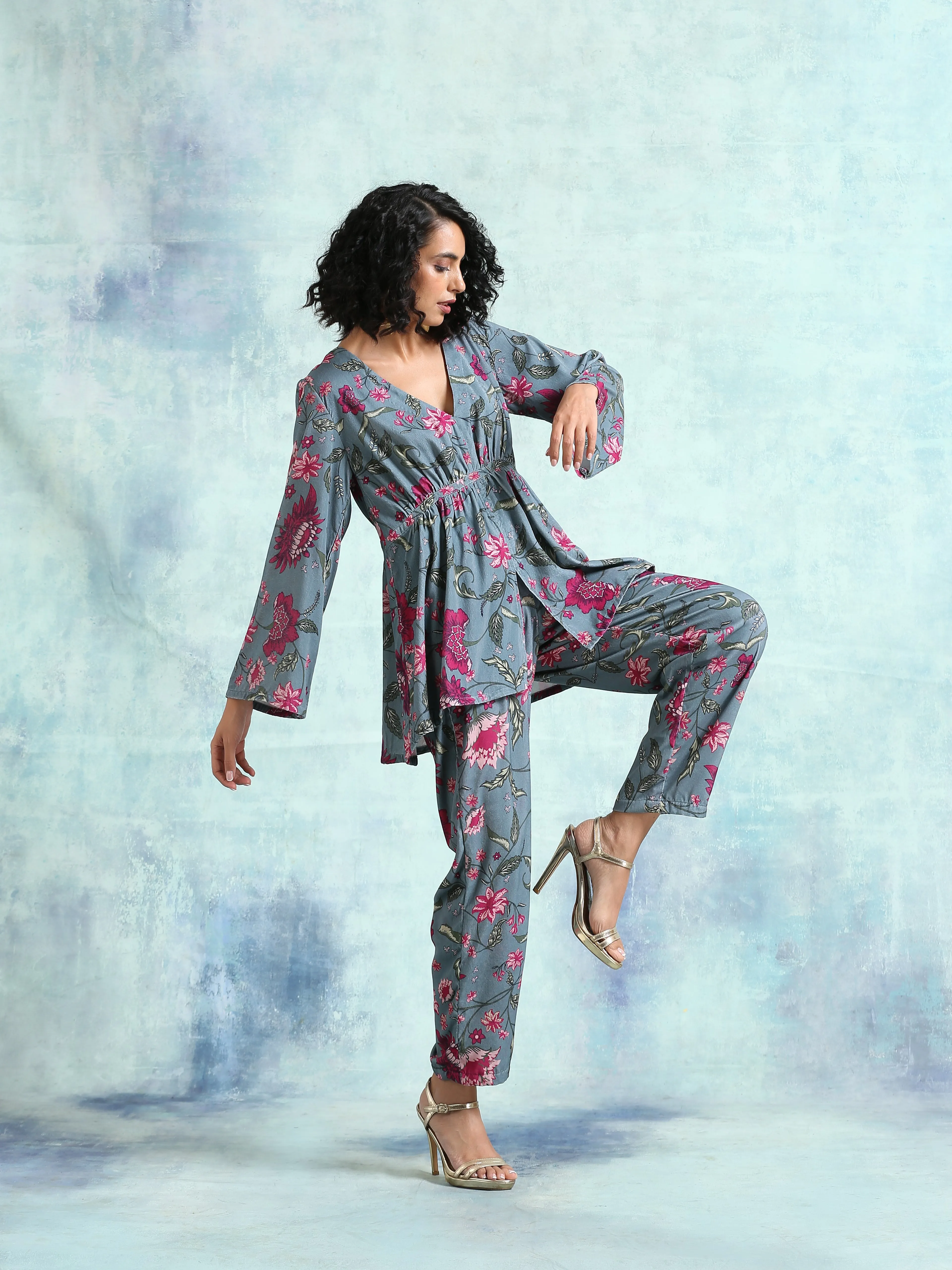 Grey Printed Velvet Co-Ord Set