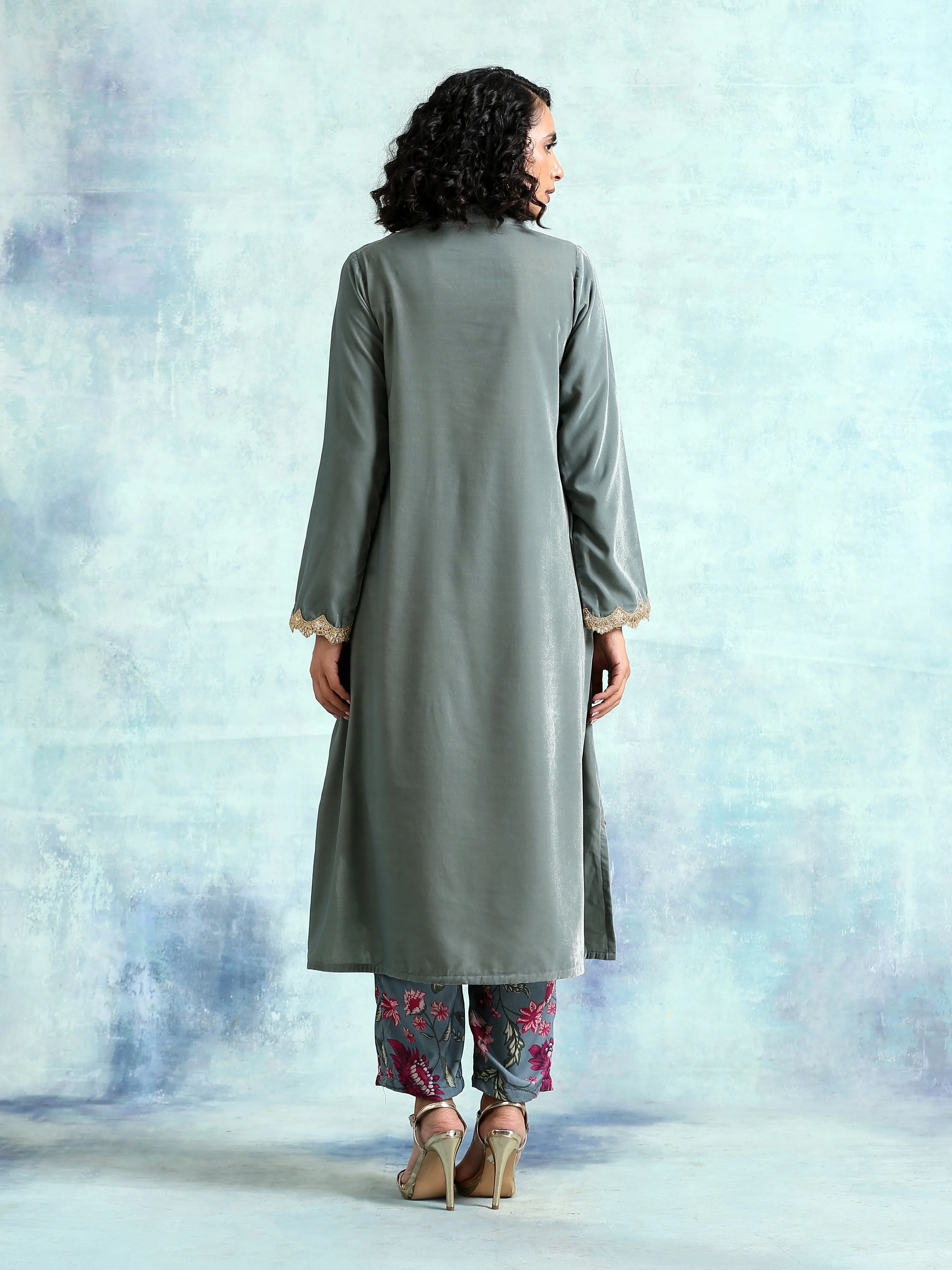Grey Velvet Lace Kurta Pant Set