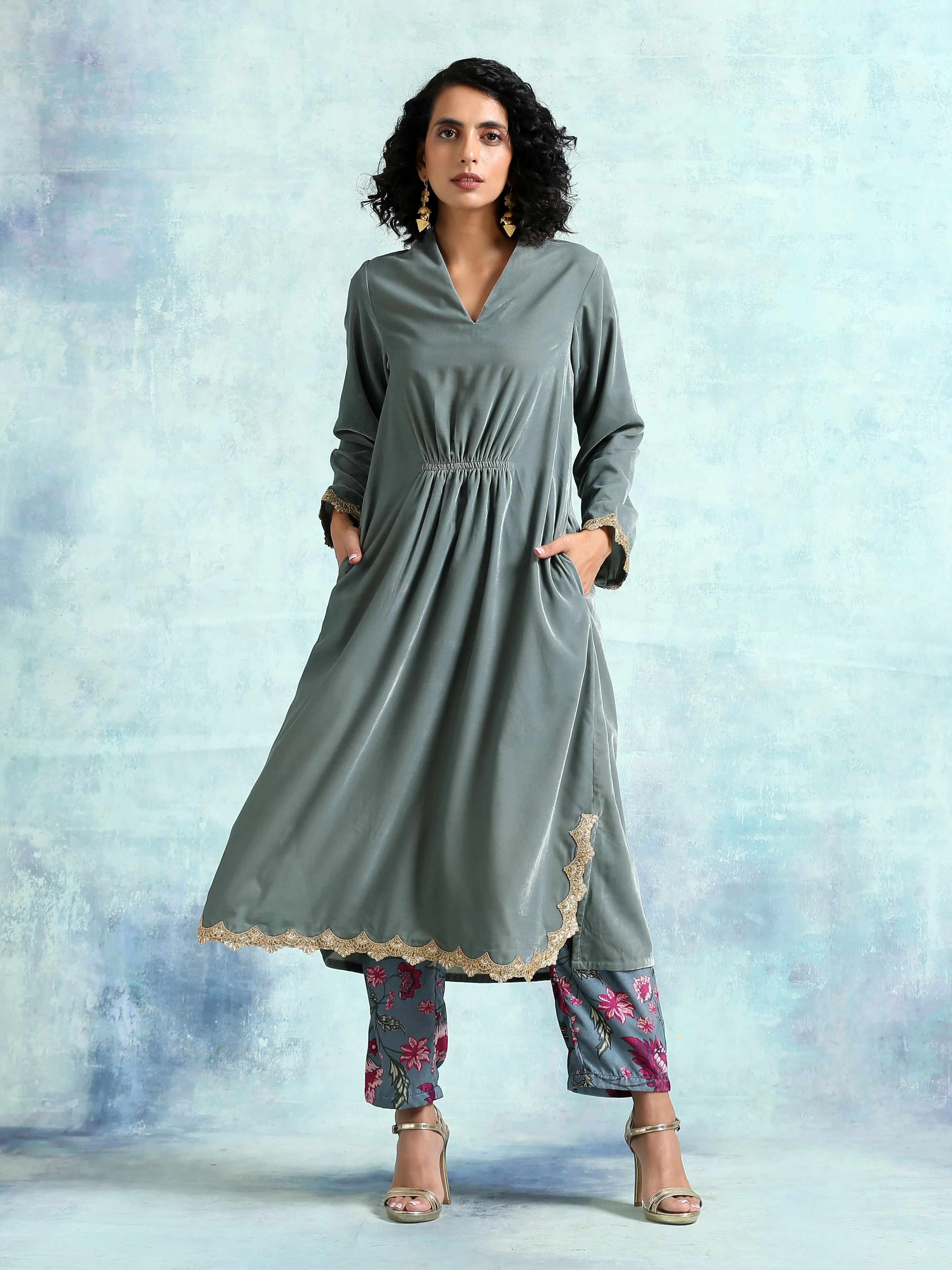 Grey Velvet Lace Kurta Pant Set