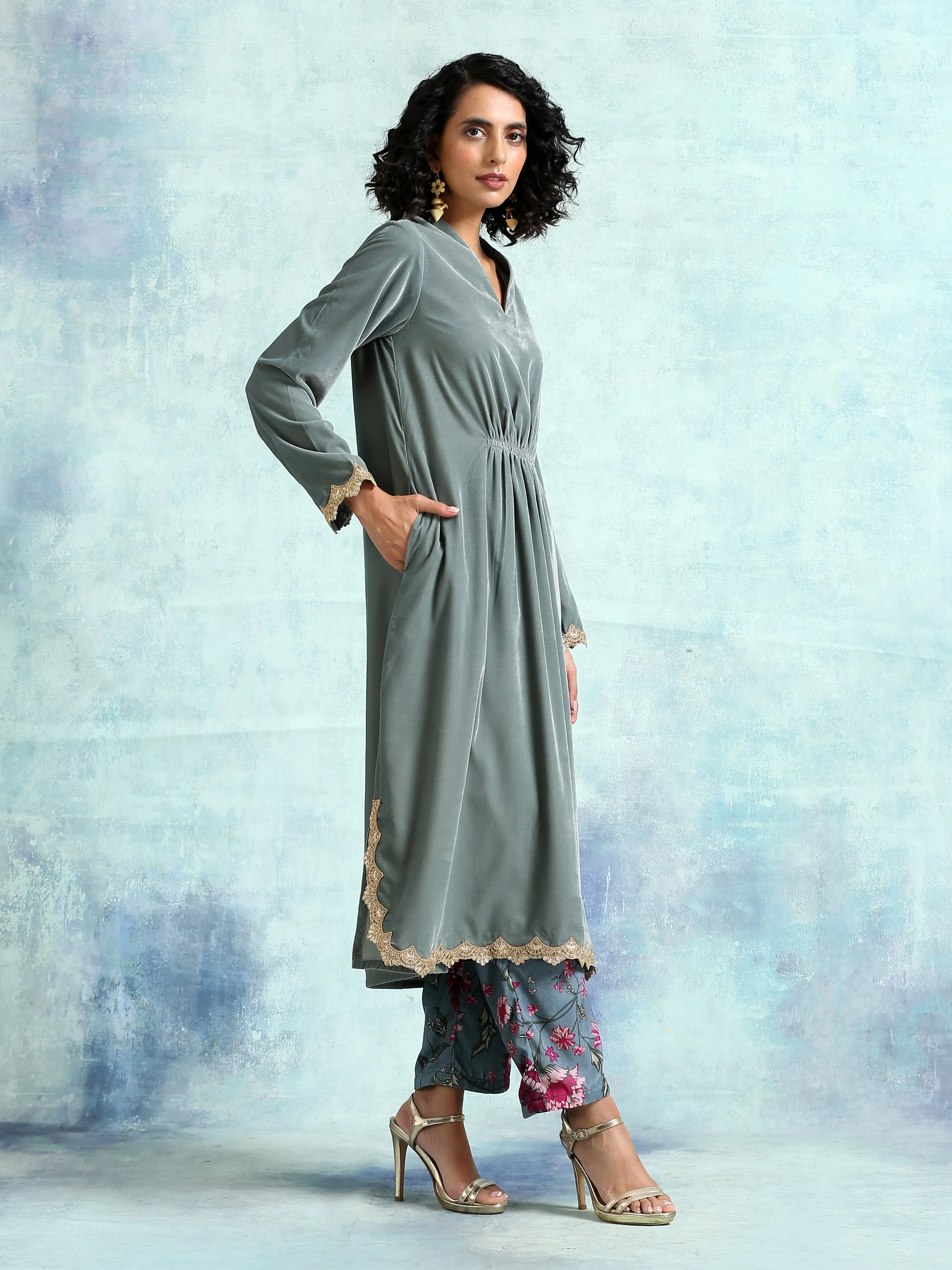 Grey Velvet Lace Kurta Pant Set