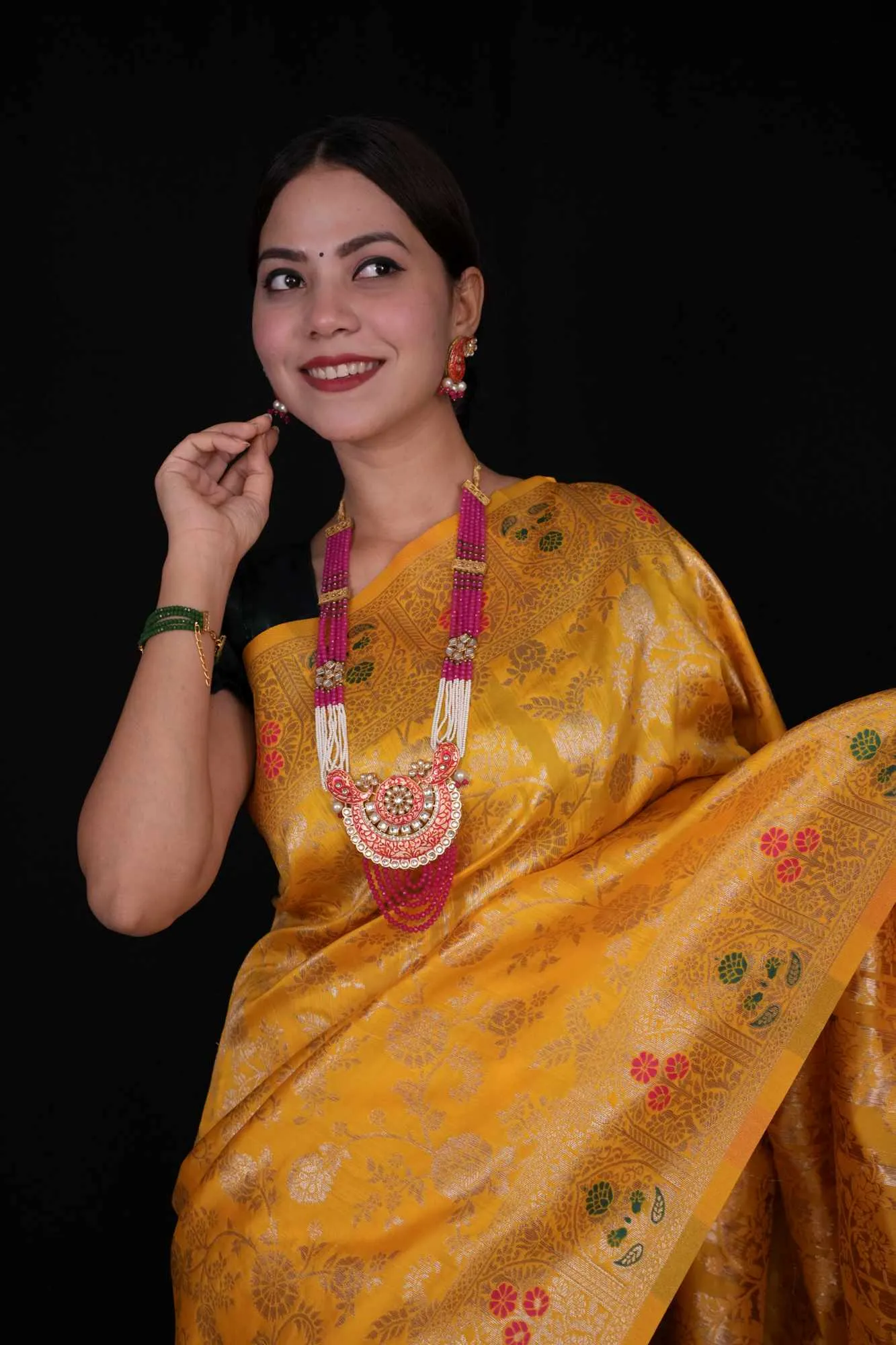 Musturd Yellow Zari Jaal Woven Overall With Pichwai Woven Multicolor Palla Ready To Wear saree