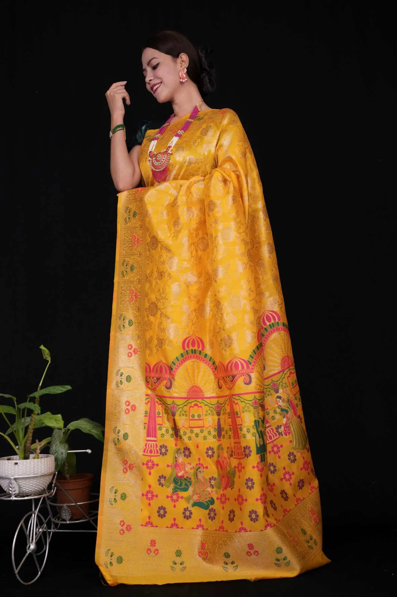 Musturd Yellow Zari Jaal Woven Overall With Pichwai Woven Multicolor Palla Ready To Wear saree