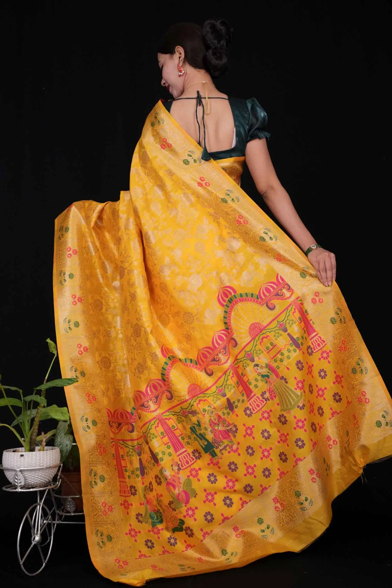 Musturd Yellow Zari Jaal Woven Overall With Pichwai Woven Multicolor Palla Ready To Wear saree