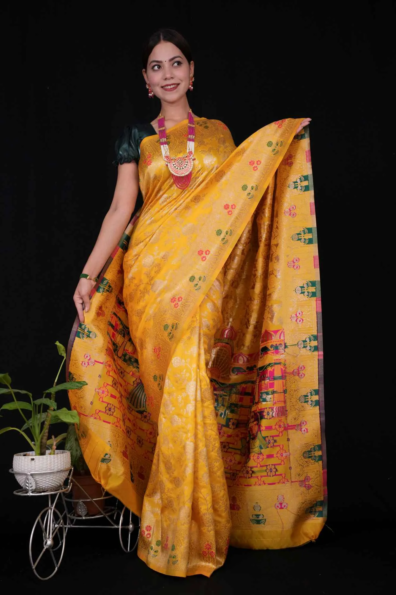 Musturd Yellow Zari Jaal Woven Overall With Pichwai Woven Multicolor Palla Ready To Wear saree