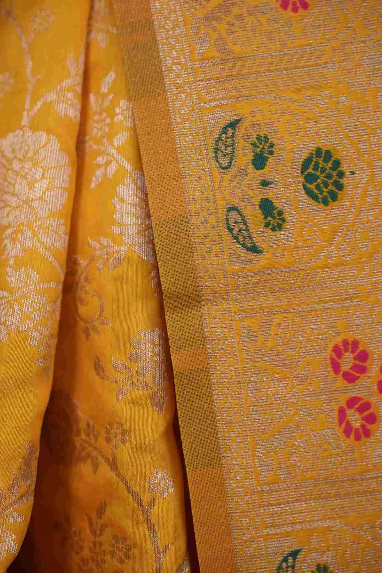 Musturd Yellow Zari Jaal Woven Overall With Pichwai Woven Multicolor Palla Ready To Wear saree
