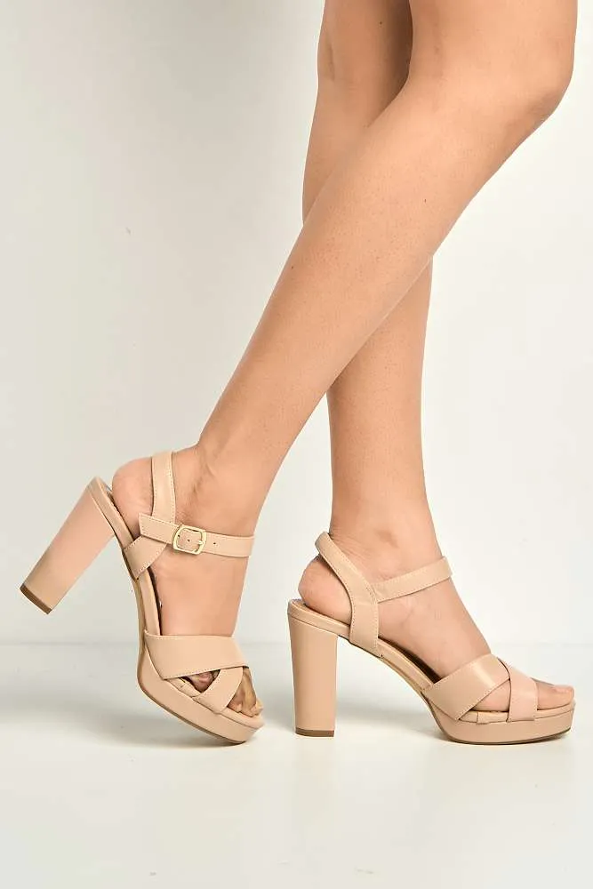 Natty Criss-Cross Font Block Heel Ankle Strap Sandals in Beige