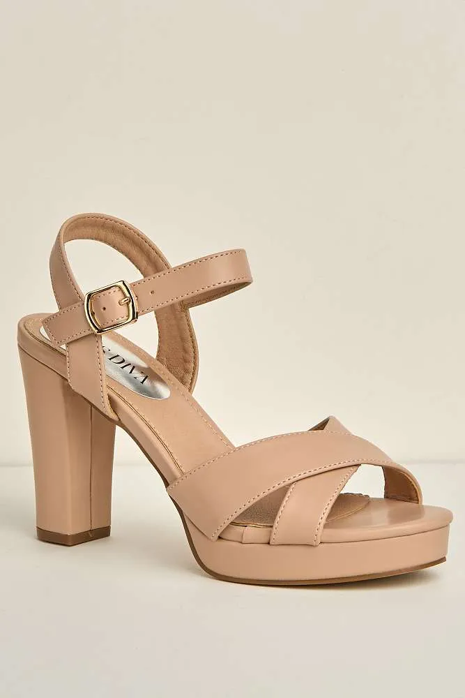 Natty Criss-Cross Font Block Heel Ankle Strap Sandals in Beige