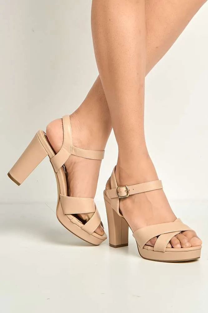 Natty Criss-Cross Font Block Heel Ankle Strap Sandals in Beige