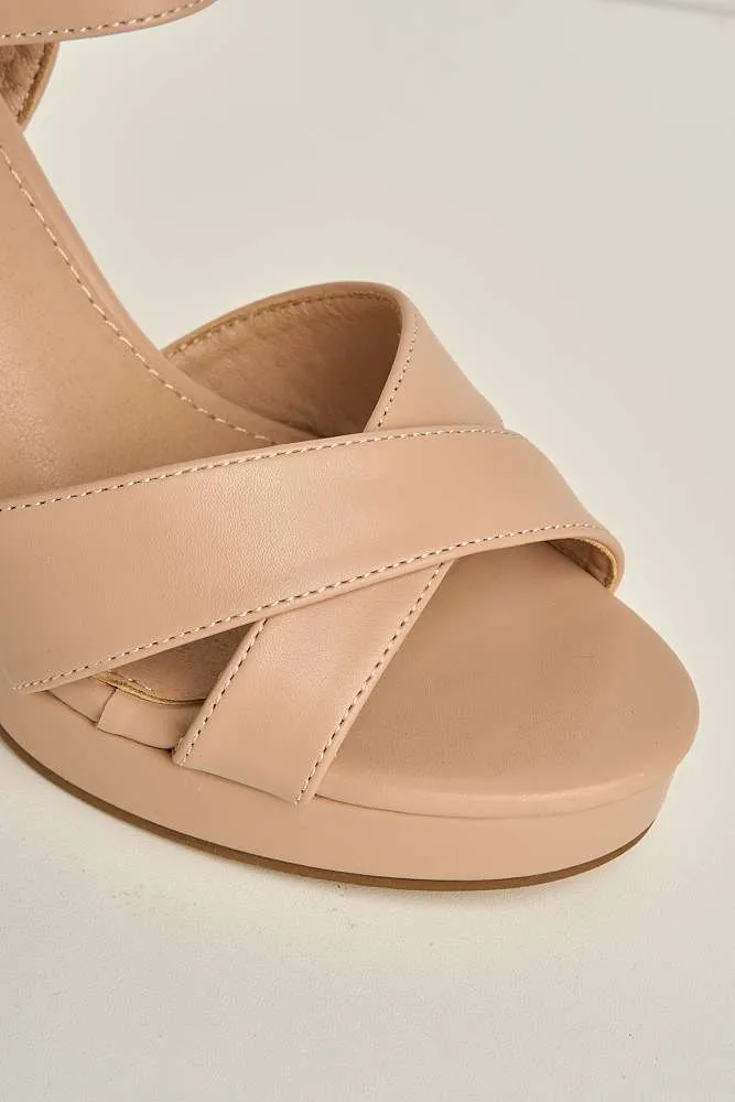 Natty Criss-Cross Font Block Heel Ankle Strap Sandals in Beige