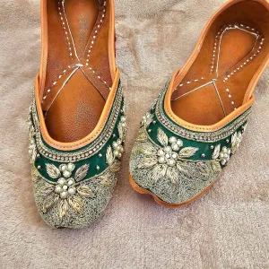 Radhika Green Gold Pearl and seqine Zardozi