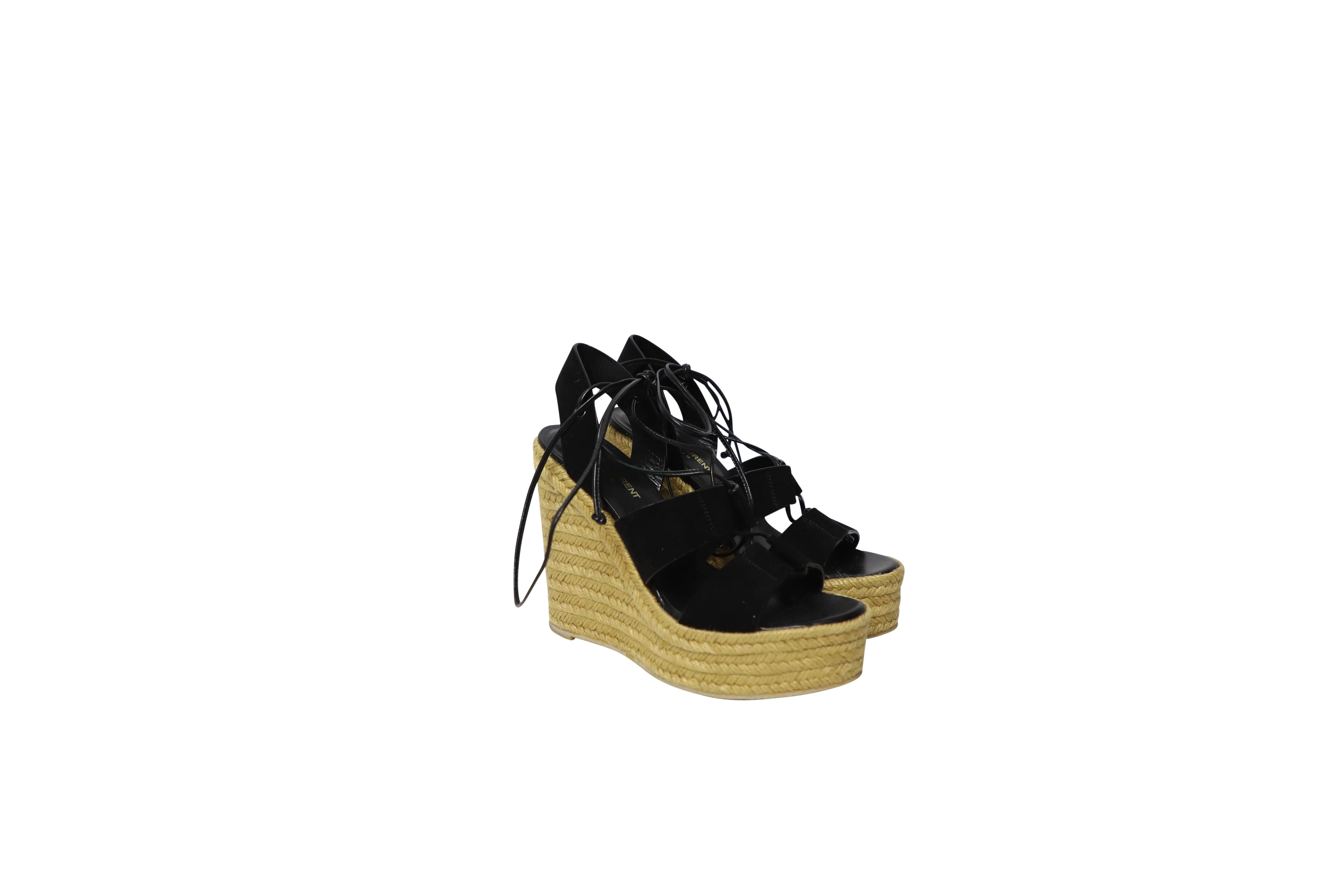 Saint Laurent Espadrille Platform Wedges in Black Suede