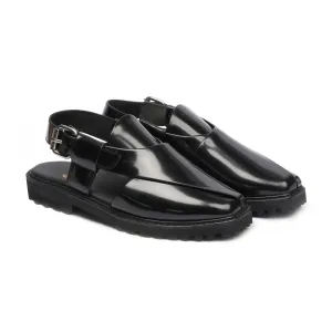 Sakua - Men's Black Box Leather High Shine Sandal
