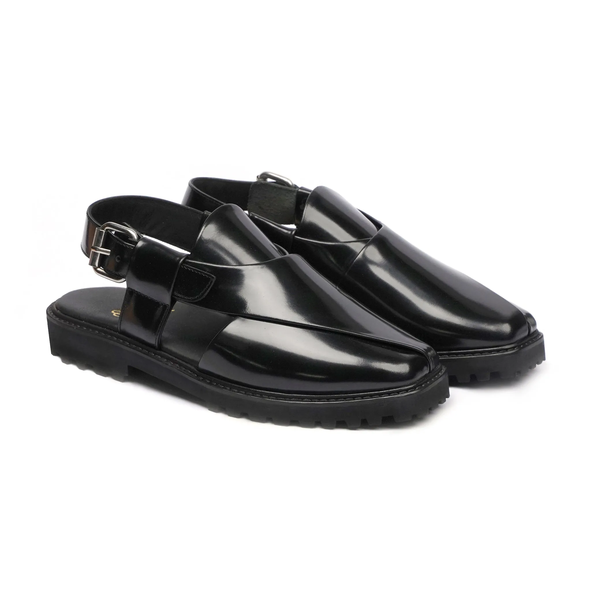 Sakua - Men's Black Box Leather High Shine Sandal