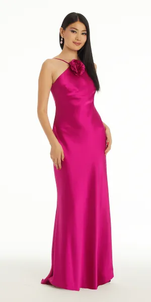 Satin V Back Rosette Column Dress with Sweep Train