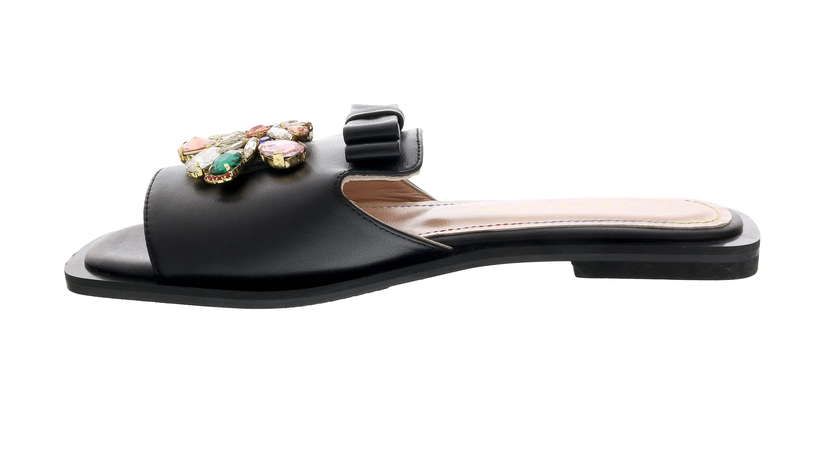 Ventutto Black Crystal Embellished Bow Flat Leather Slide-