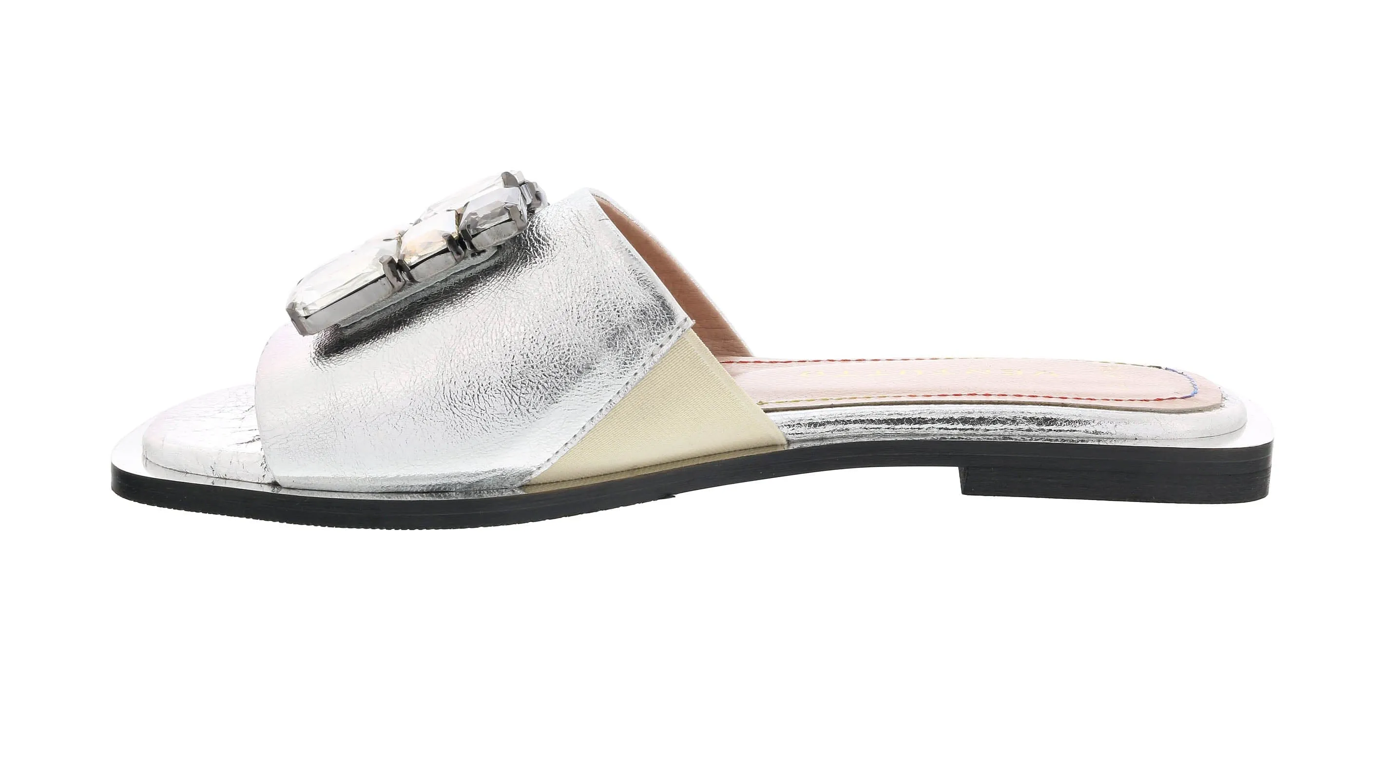 Ventutto Silver Crystal Embellished Leather Slide-