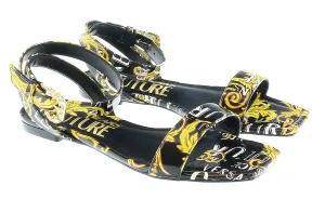 Versace Jeans Couture Black Gold Logo Baroque Flat Sandals-