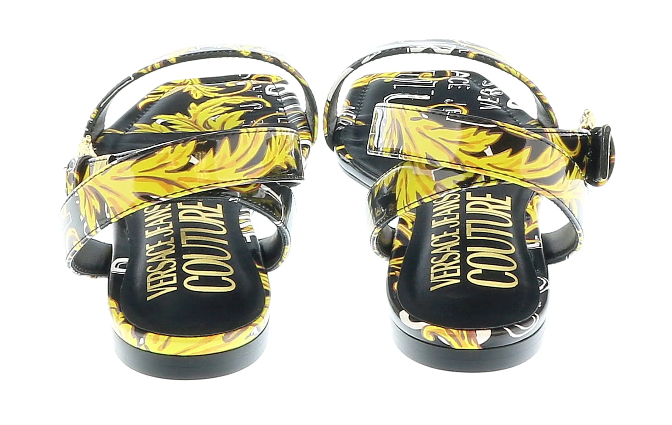 Versace Jeans Couture Black Gold Logo Baroque Flat Sandals-