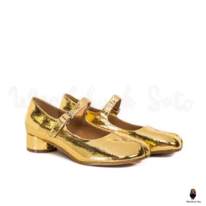 WoodChuckSato Women's Men's Golden Tabi Split-Toe Sheep Leather Mary Jane Shoes with 3cm Heel & Adjustable Strap Sizes EU 35-41