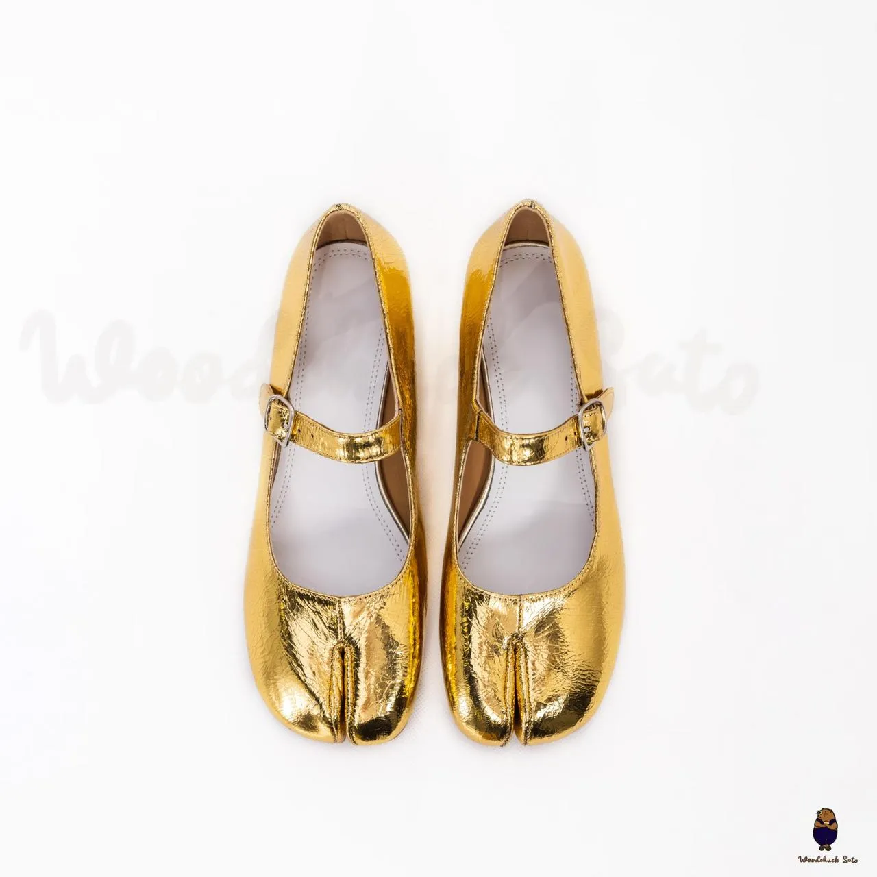 WoodChuckSato Women's Men's Golden Tabi Split-Toe Sheep Leather Mary Jane Shoes with 3cm Heel & Adjustable Strap Sizes EU 35-41