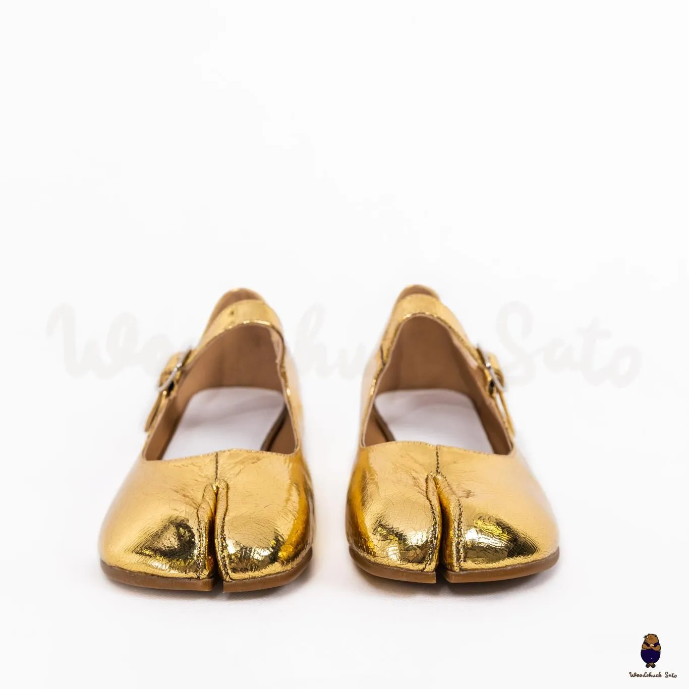 WoodChuckSato Women's Men's Golden Tabi Split-Toe Sheep Leather Mary Jane Shoes with 3cm Heel & Adjustable Strap Sizes EU 35-41